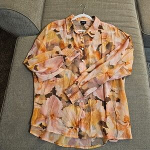 Daytrip Orange Pink Casual Abstract Watercolor Boho Sheer Button Top Large